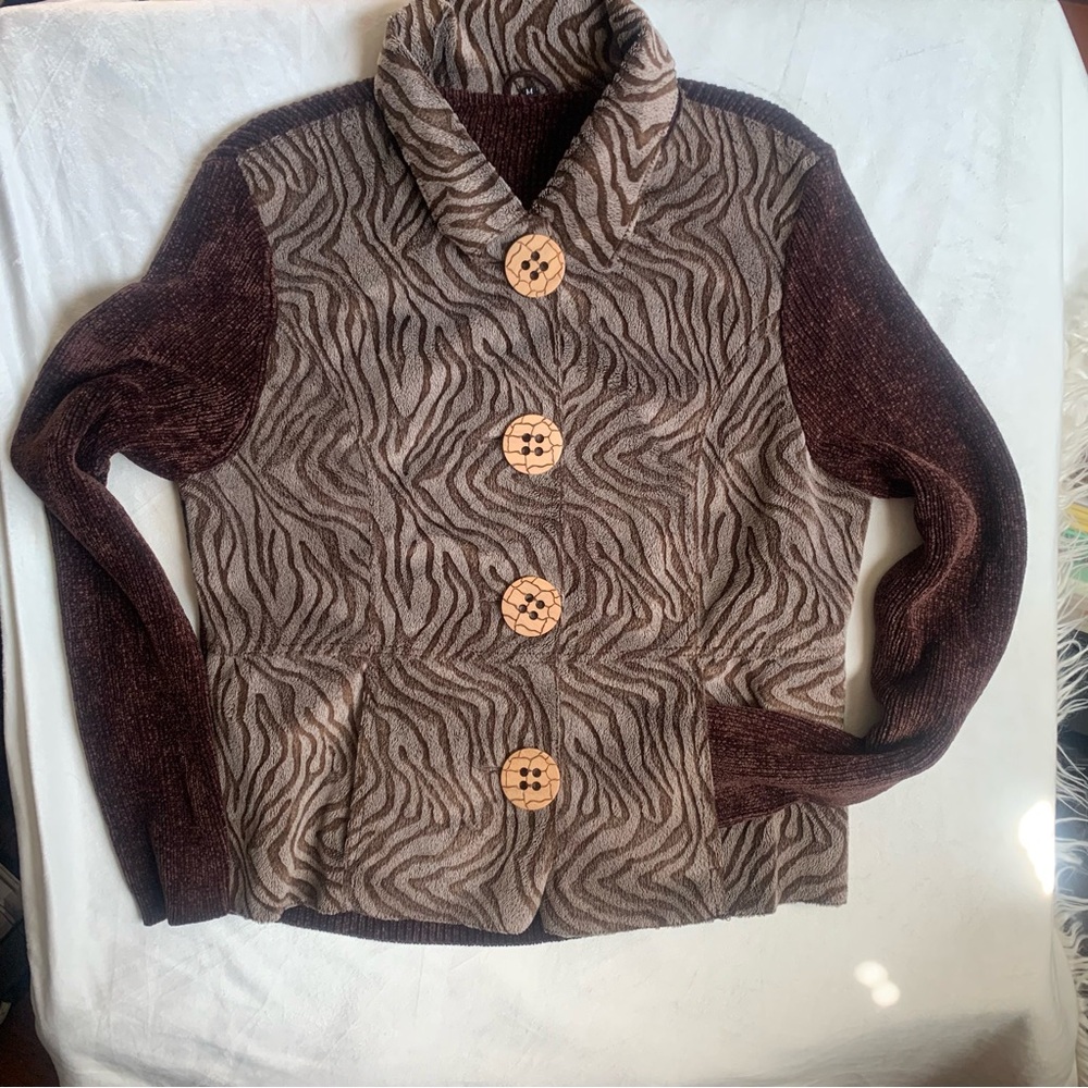 Button Down Cardigan Sweater Animal Zebra Size M Pockets Brown